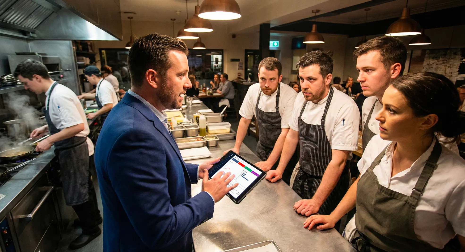 Restaurant kitchen team using COMP on tablet